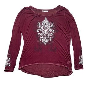 Maurice’s y2k red & white graphic gemstone bedazzled long sleeve shirt blouse